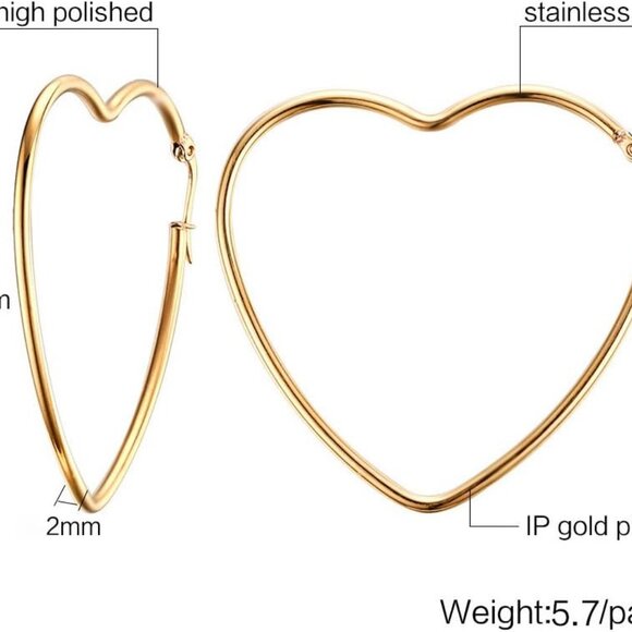 Gold Plated Heart Shape Hoop Earrings Stainless Steel Hypoallergenic Large Hoops - Picture 2 of 7